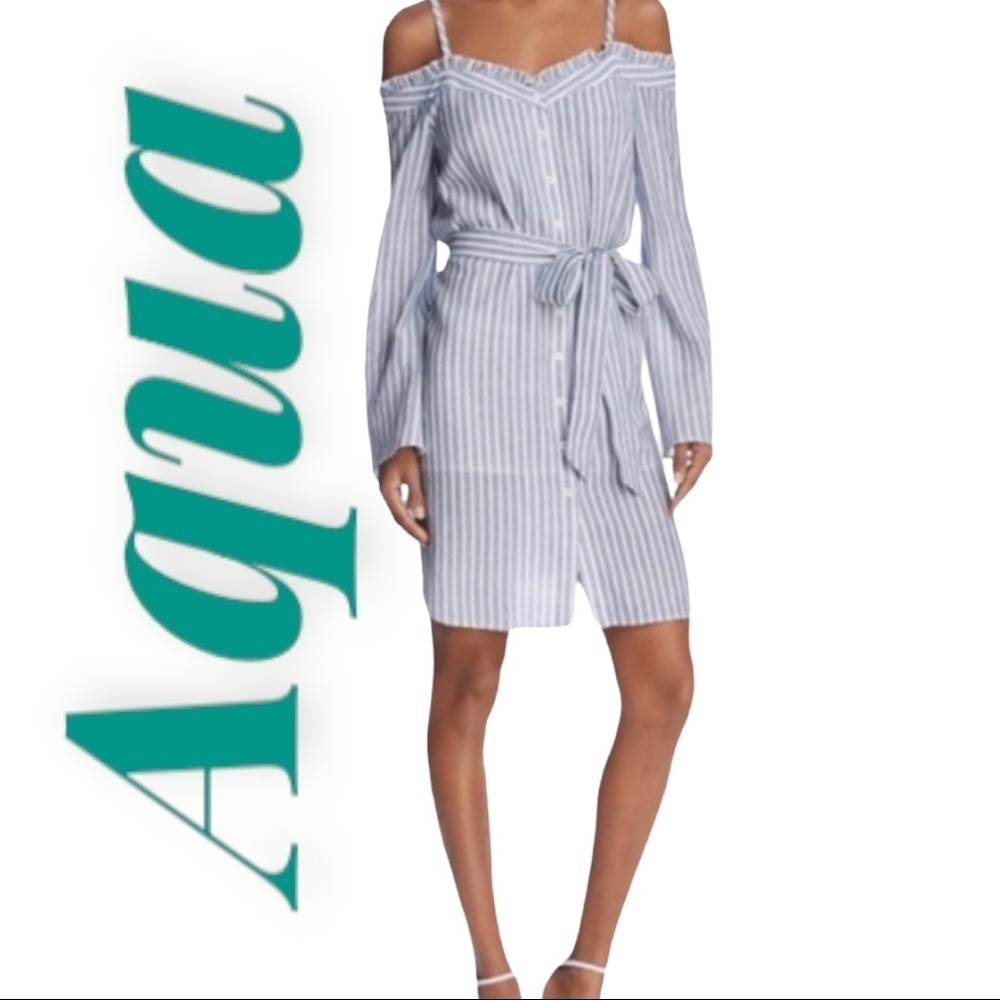 AQUA Striped Off-the-Shoulder Mini Shirt‎ Dress, Size Small